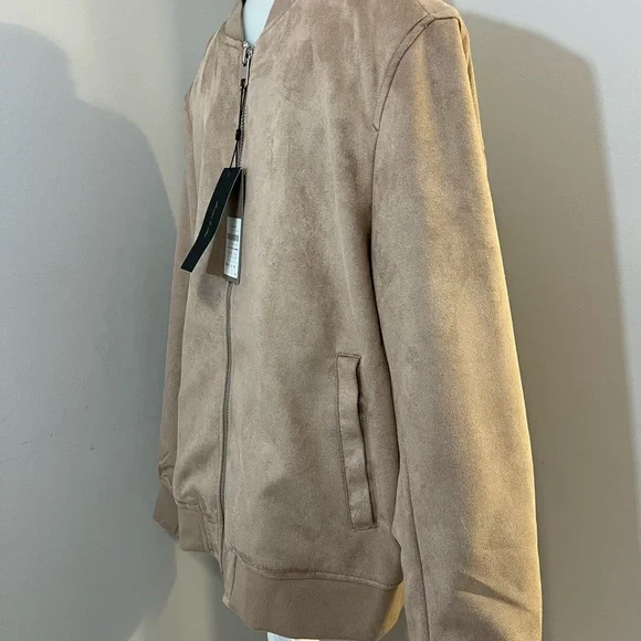 Tan Suede Bomber Jacket with Ribbed Details - Picture 4 of 13